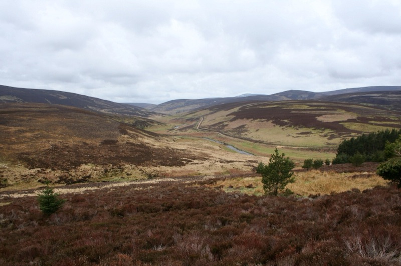 Heather moorland and the Water of Dye winding through Glen Dye, Aberdeenshire
